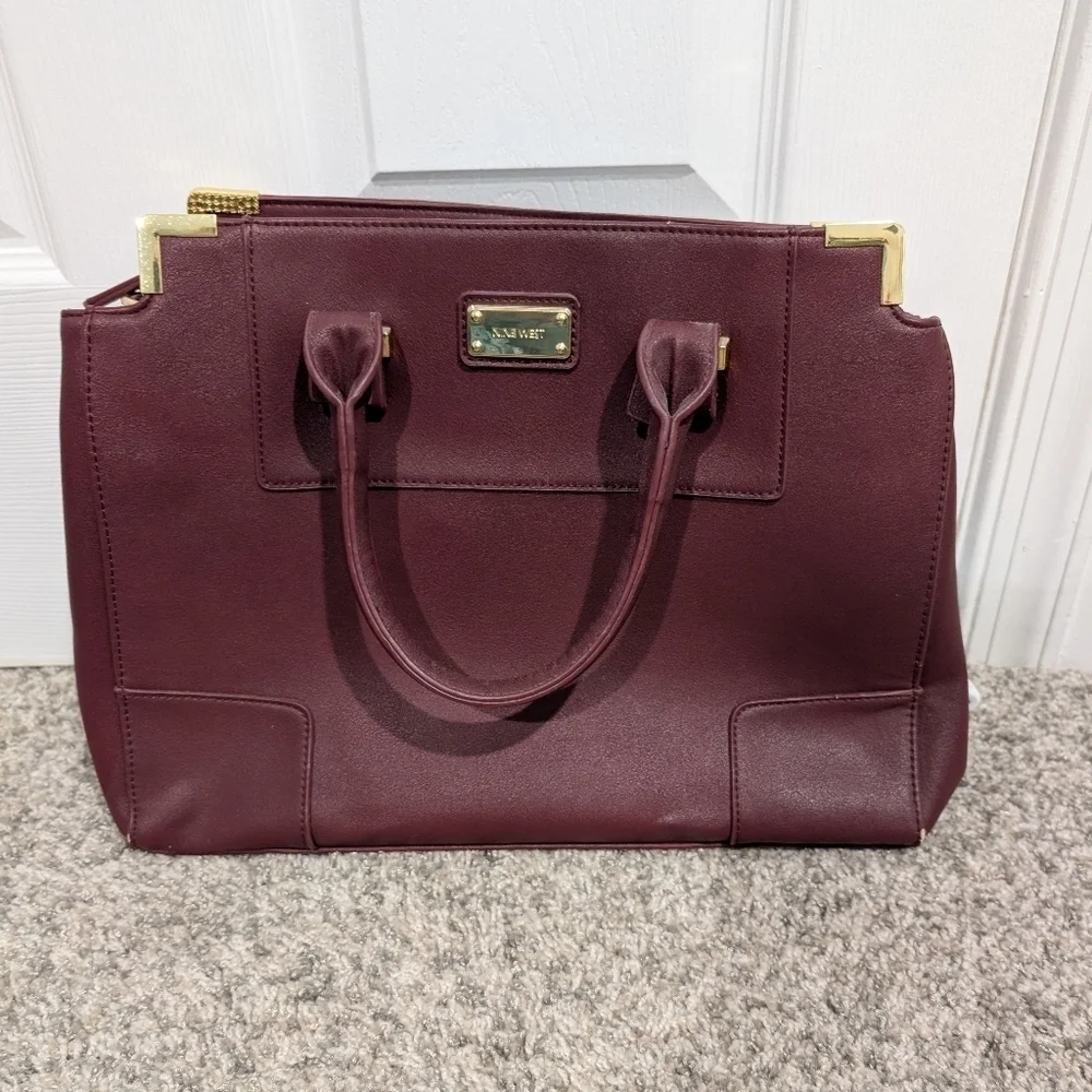 Nine West Burgundy with Gold Details Tote Bag with Crossbody Strap